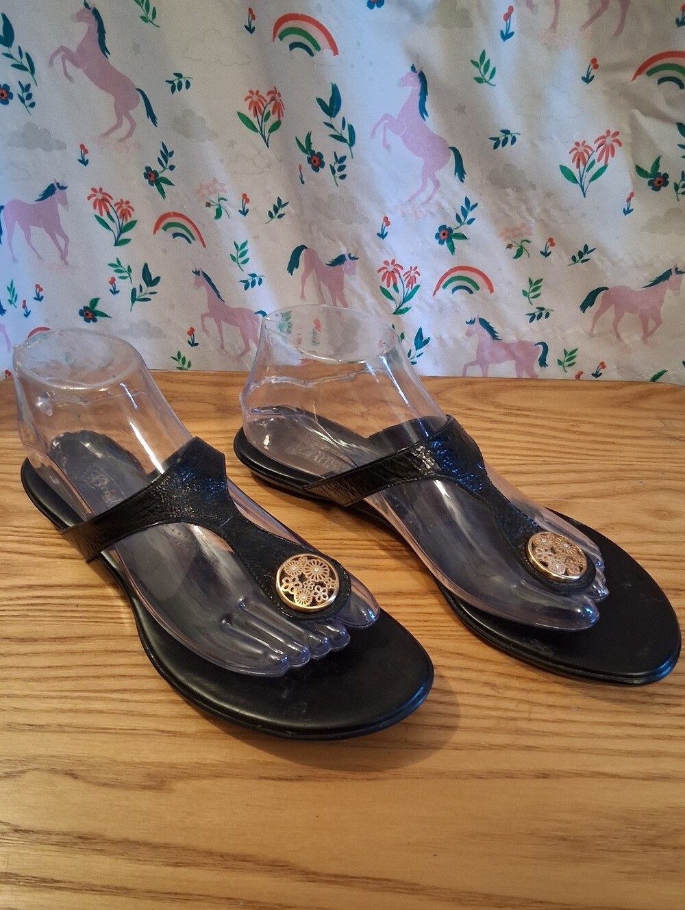 EUC Vintage Brighton Pansy Black Leather Summer Flip Flip Sandal Shoe SZ 8.5